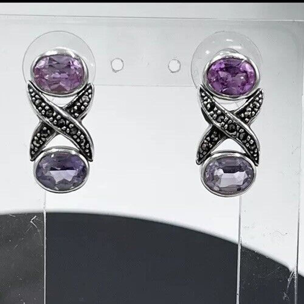 925 Sterling Silver Vintage Amethyst Pink Sapphire‎ Marcasite Pierced Earring